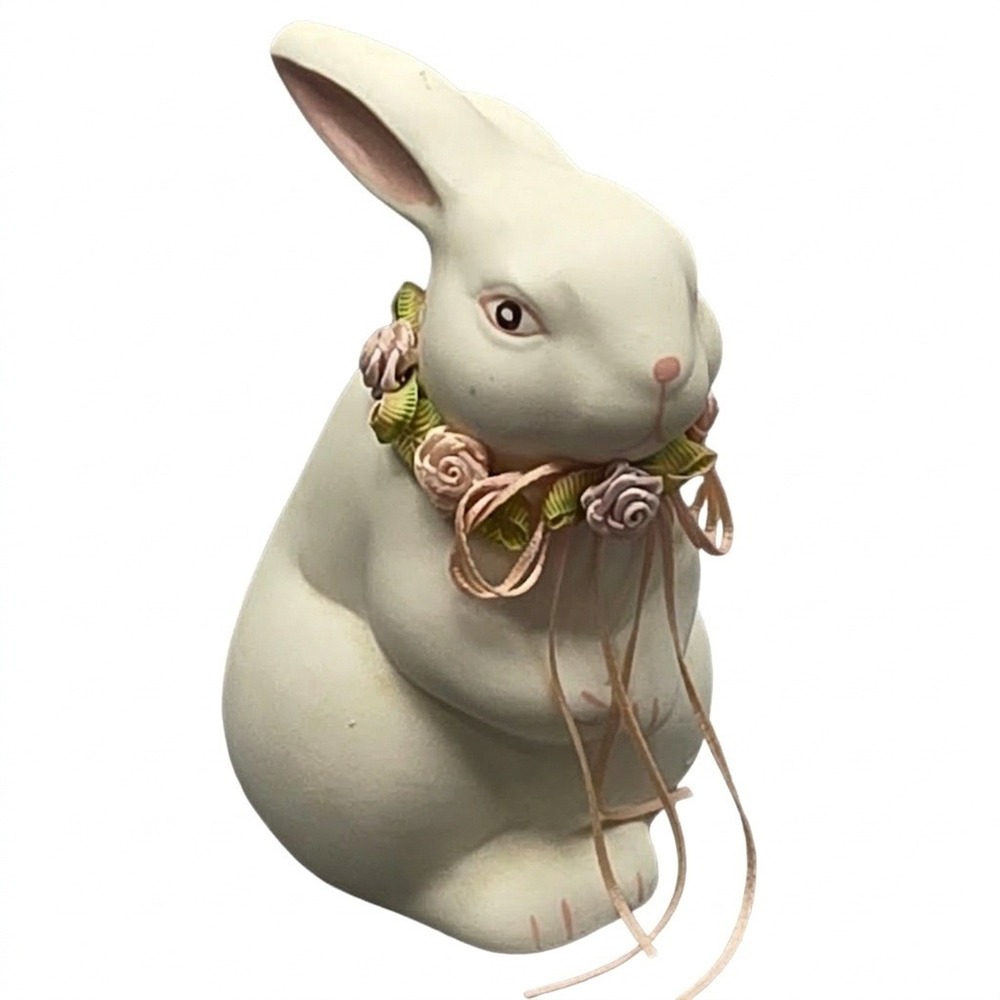 Dept 56 Easter Bunny Rabbit Figurine Bisque Porcelain Floral‎ Collar Ribbon 4"